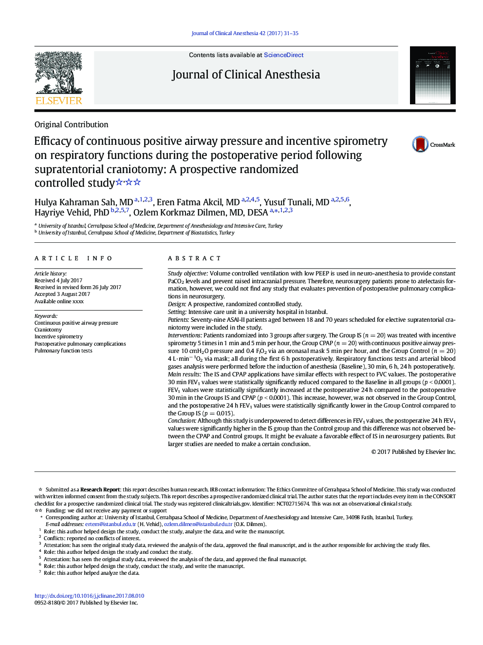 Efficacy of continuous positive airway pressure and incentive spirometry on respiratory functions during the postoperative period following supratentorial craniotomy: A prospective randomized controlled study
