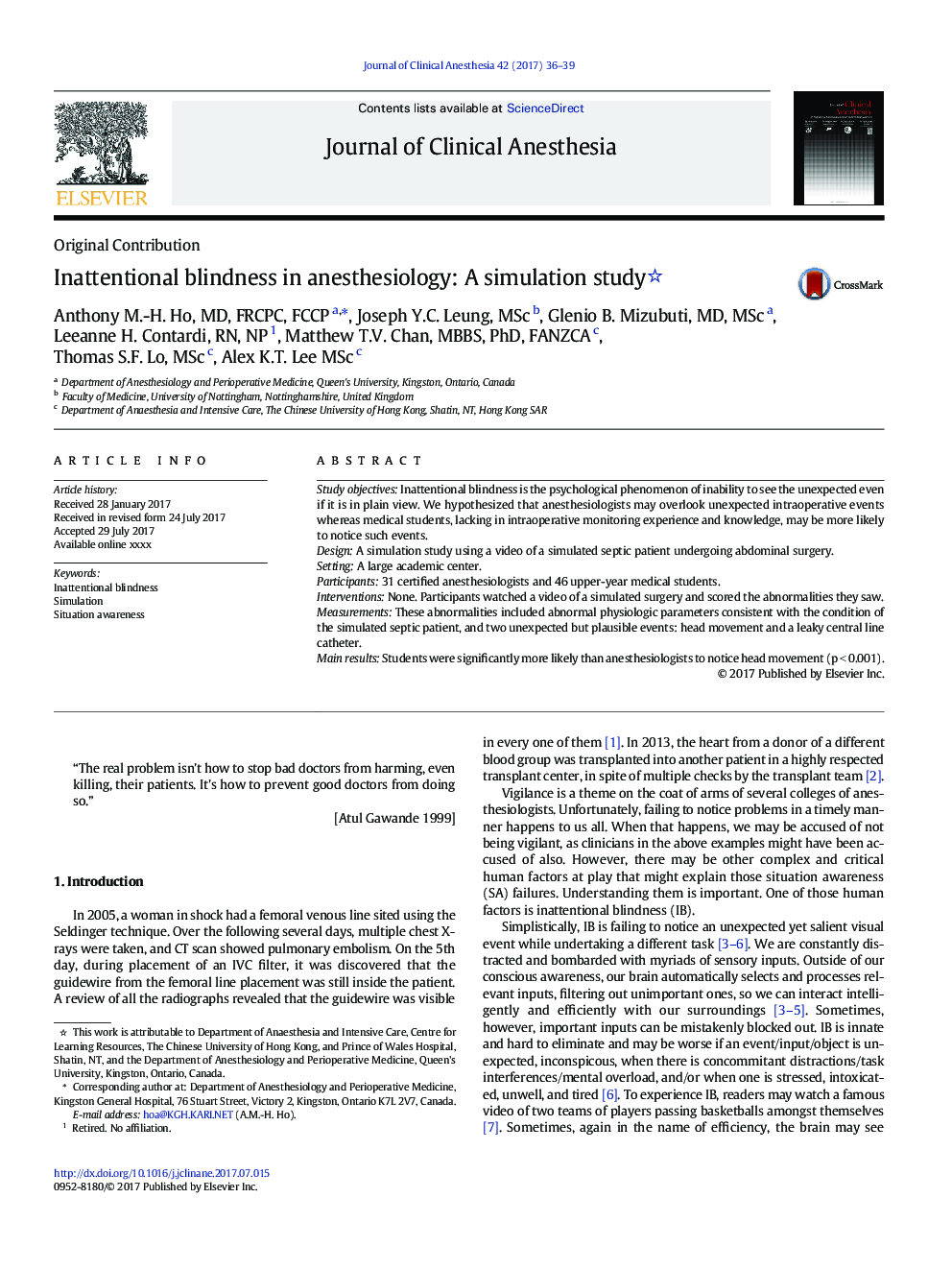 Inattentional blindness in anesthesiology: A simulation study