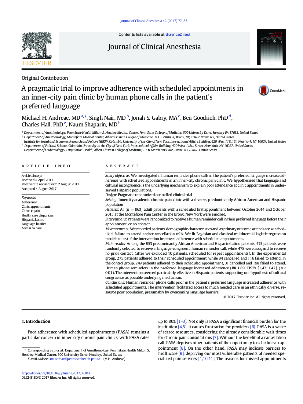 A pragmatic trial to improve adherence with scheduled appointments in an inner-city pain clinic by human phone calls in the patient's preferred language