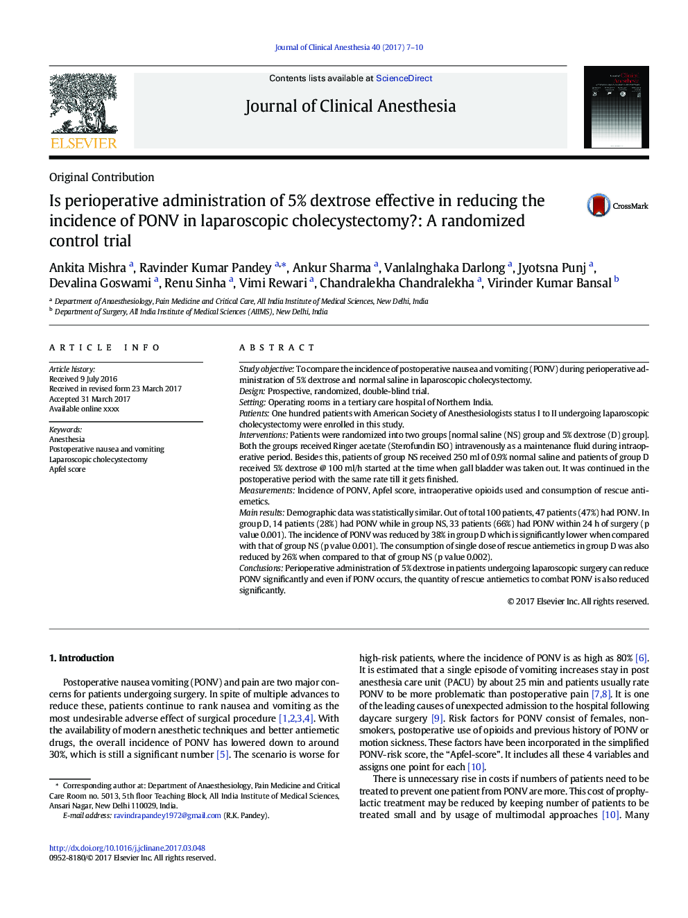 Is perioperative administration of 5% dextrose effective in reducing the incidence of PONV in laparoscopic cholecystectomy?: A randomized control trial