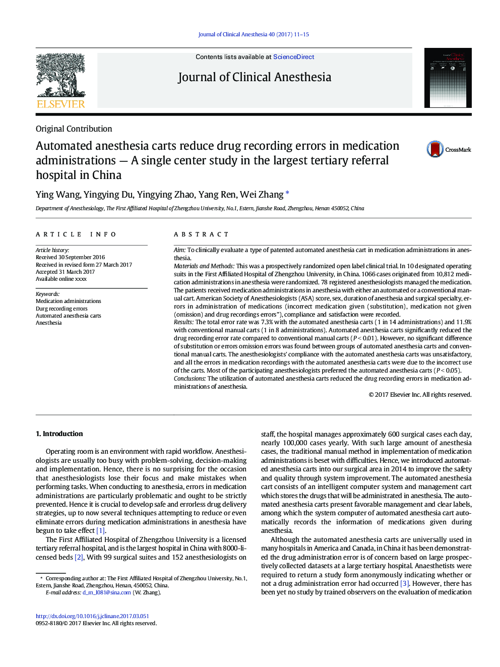 Automated anesthesia carts reduce drug recording errors in medication administrations - A single center study in the largest tertiary referral hospital in China