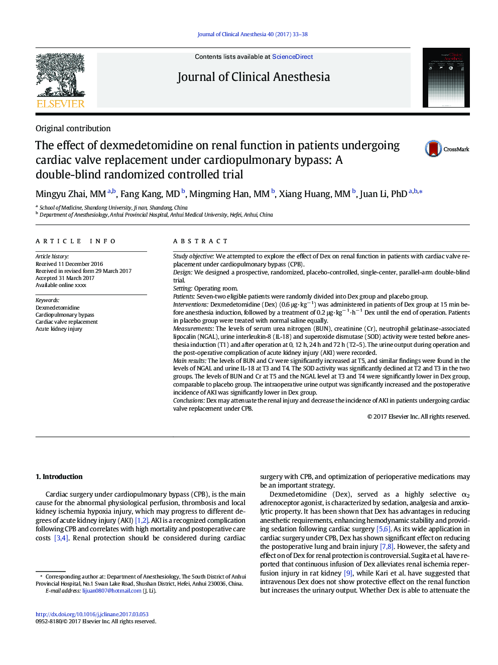 The effect of dexmedetomidine on renal function in patients undergoing cardiac valve replacement under cardiopulmonary bypass: A double-blind randomized controlled trial