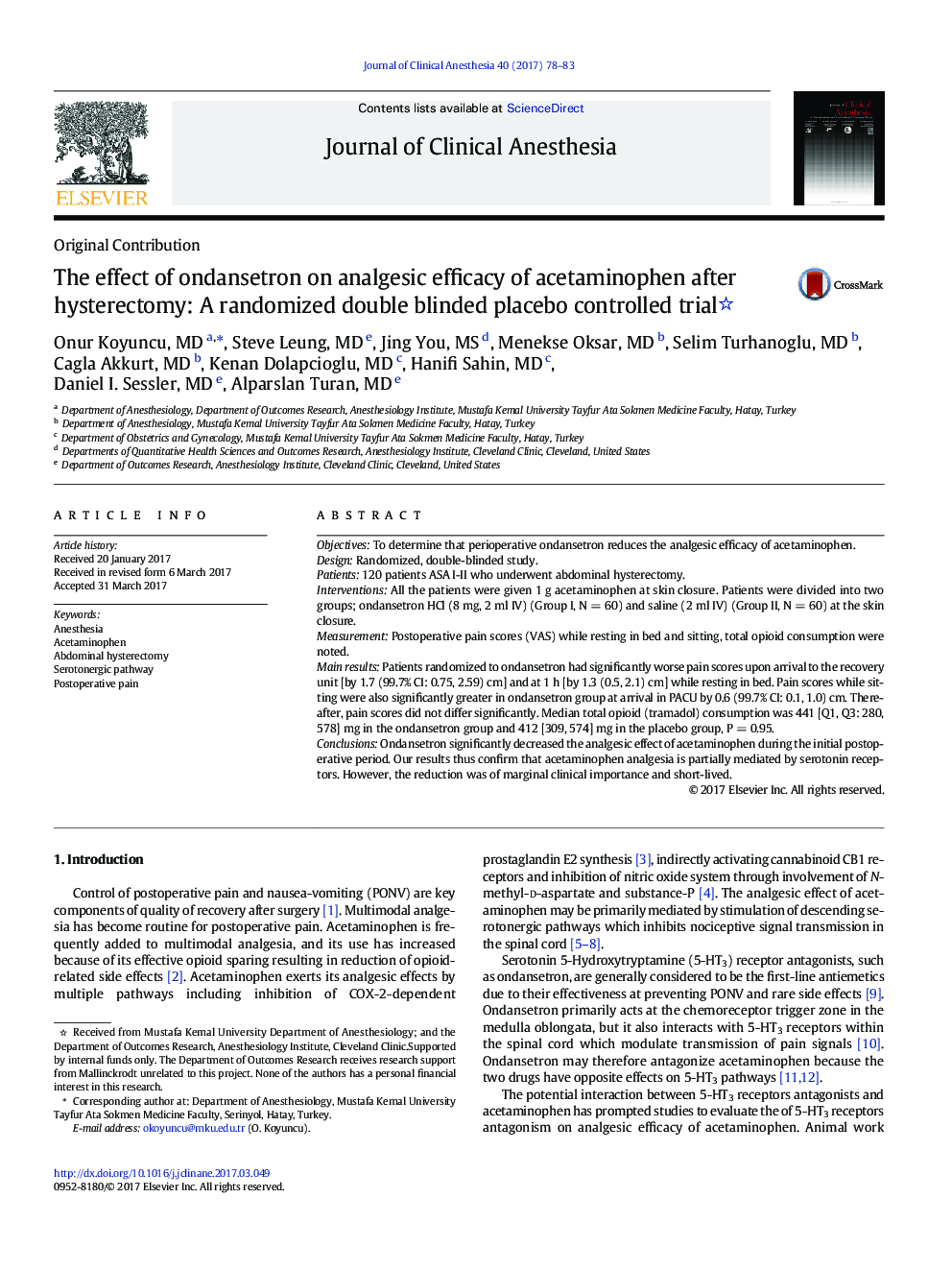 The effect of ondansetron on analgesic efficacy of acetaminophen after hysterectomy: A randomized double blinded placebo controlled trial