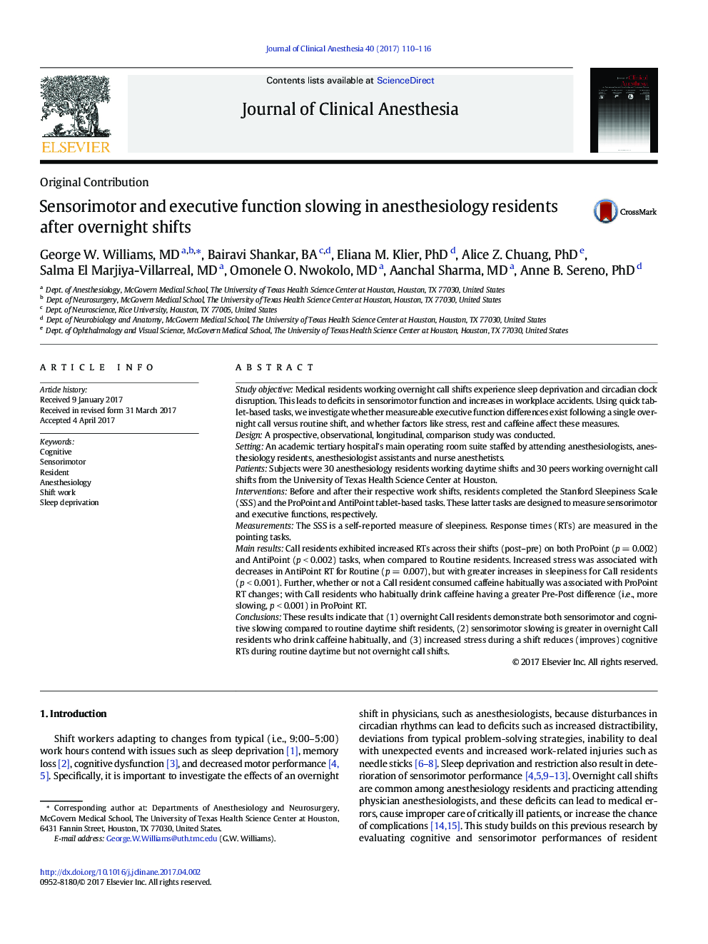 Sensorimotor and executive function slowing in anesthesiology residents after overnight shifts