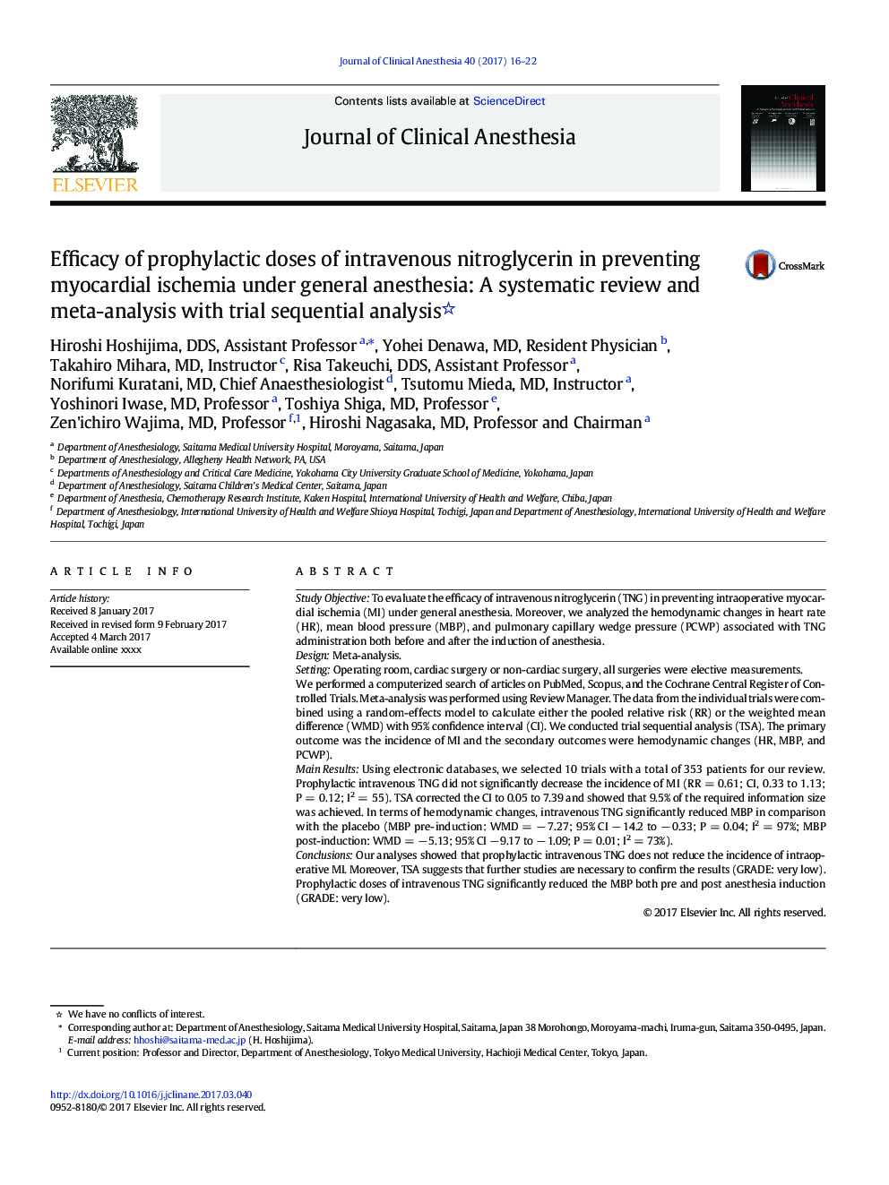 Efficacy of prophylactic doses of intravenous nitroglycerin in preventing myocardial ischemia under general anesthesia: A systematic review and meta-analysis with trial sequential analysis