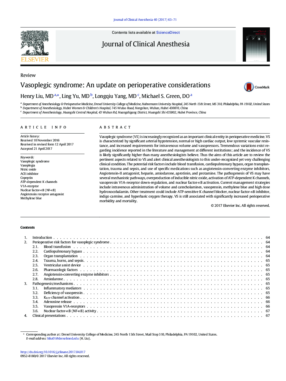 Vasoplegic syndrome: An update on perioperative considerations