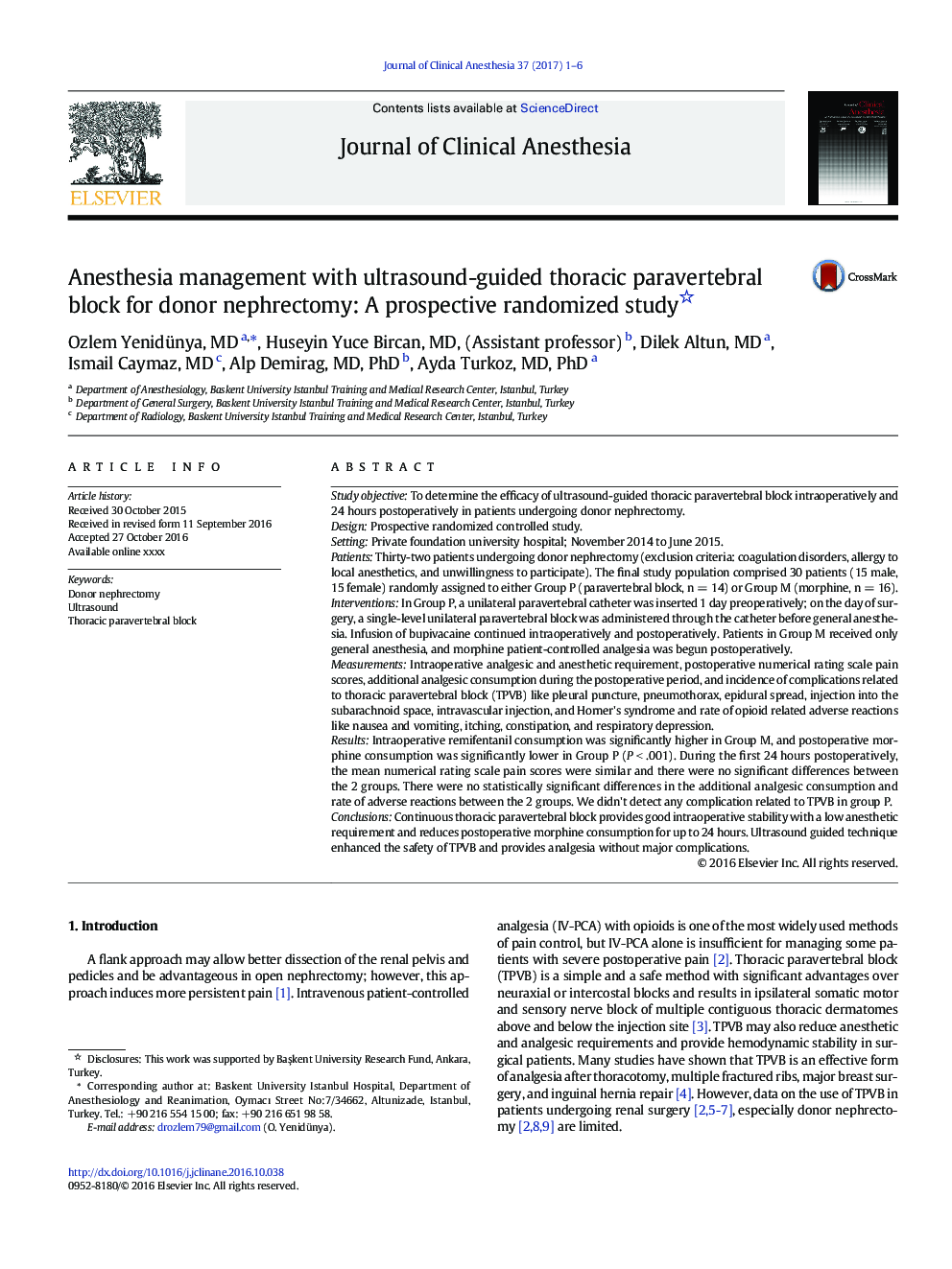 Anesthesia management with ultrasound-guided thoracic paravertebral block for donor nephrectomy: A prospective randomized study