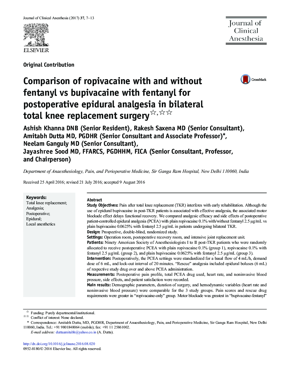 Comparison of ropivacaine with and without fentanyl vs bupivacaine with fentanyl for postoperative epidural analgesia in bilateral total knee replacement surgery