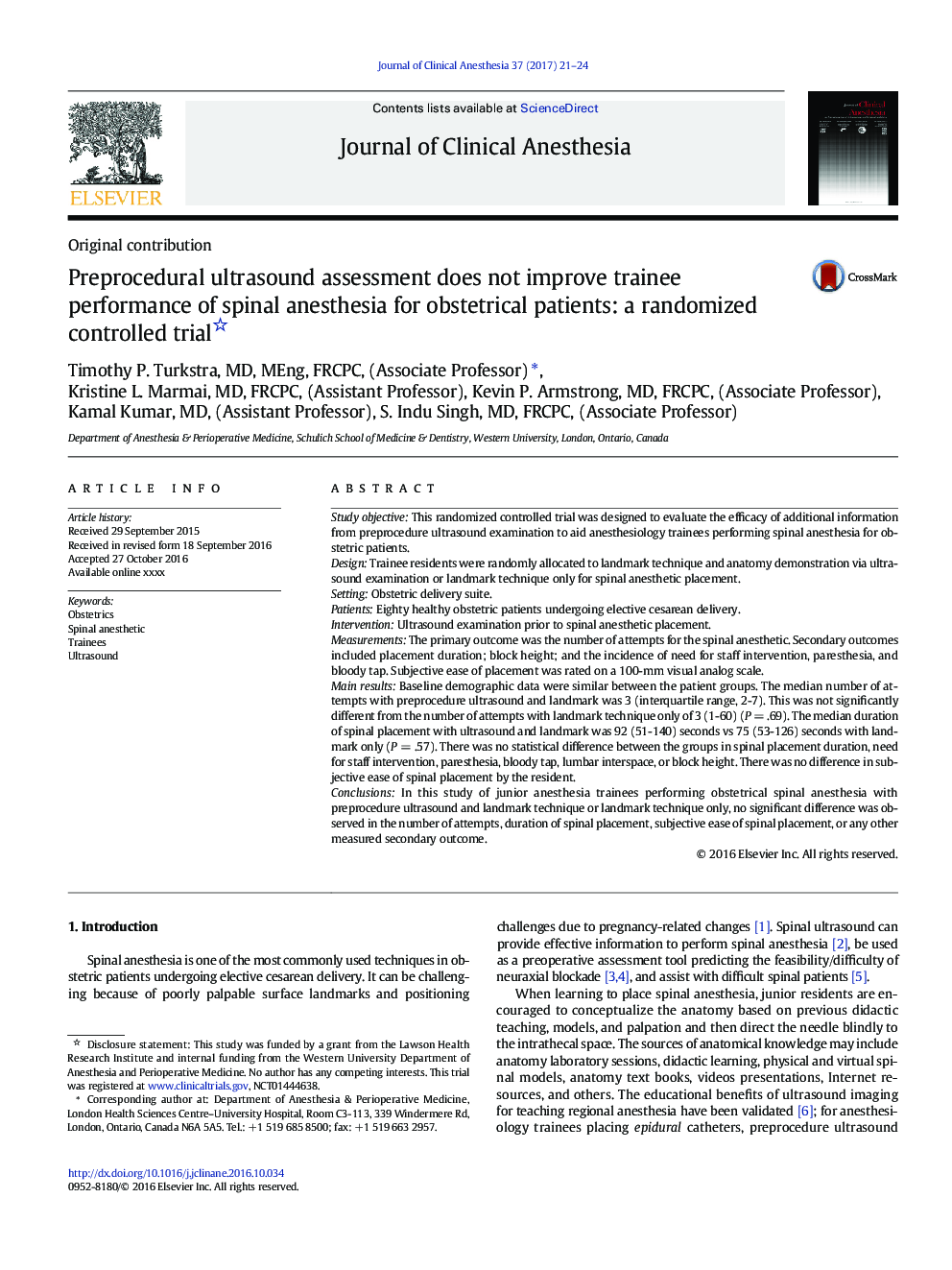 Preprocedural ultrasound assessment does not improve trainee performance of spinal anesthesia for obstetrical patients: a randomized controlled trial