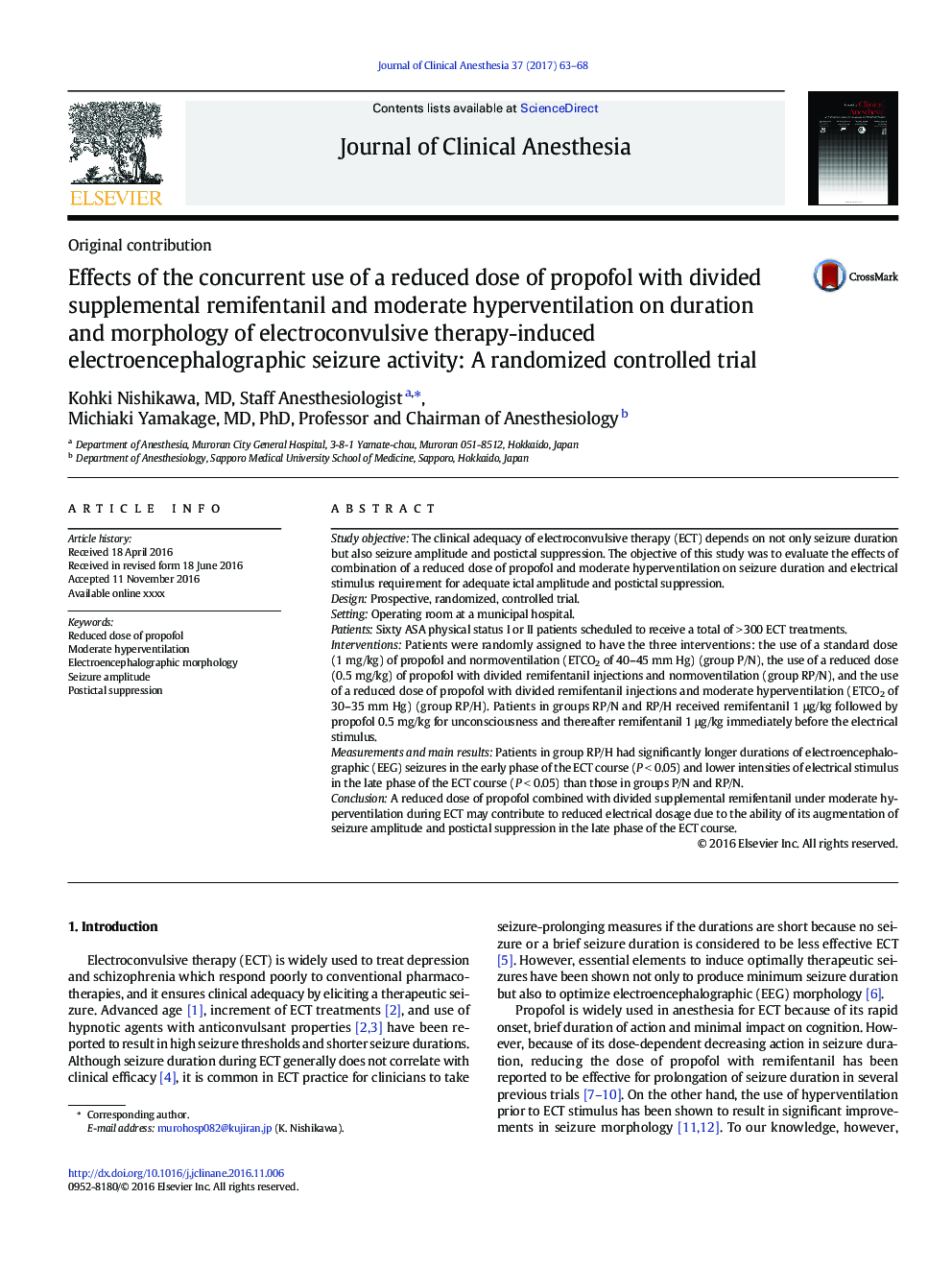 Effects of the concurrent use of a reduced dose of propofol with divided supplemental remifentanil and moderate hyperventilation on duration and morphology of electroconvulsive therapy-induced electroencephalographic seizure activity: A randomized control