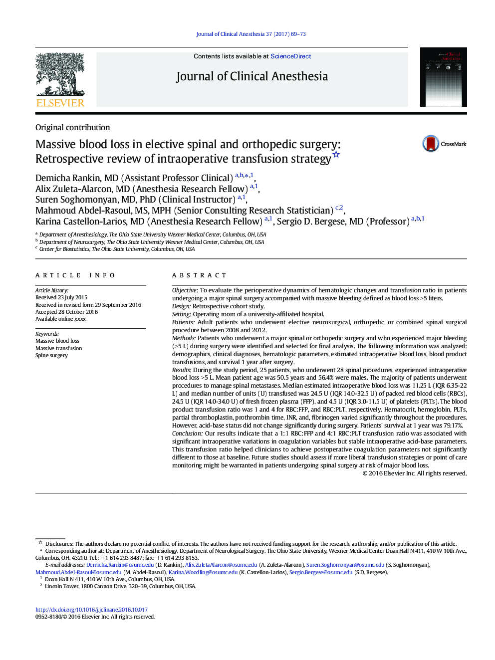 Massive blood loss in elective spinal and orthopedic surgery: Retrospective review of intraoperative transfusion strategy