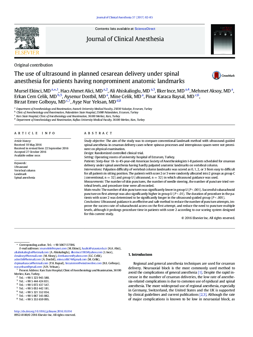 The use of ultrasound in planned cesarean delivery under spinal anesthesia for patients having nonprominent anatomic landmarks