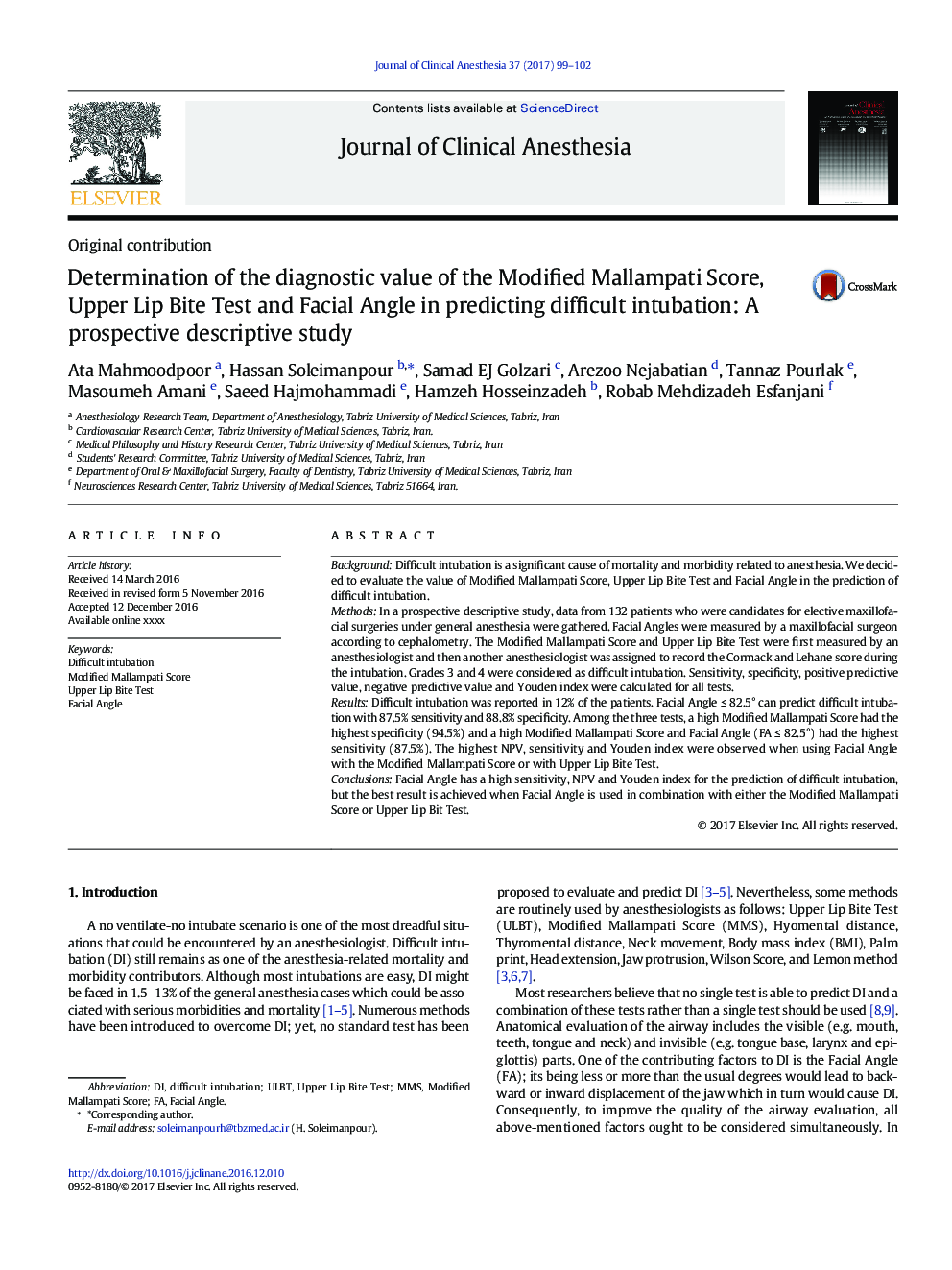 Determination of the diagnostic value of the Modified Mallampati Score, Upper Lip Bite Test and Facial Angle in predicting difficult intubation: A prospective descriptive study