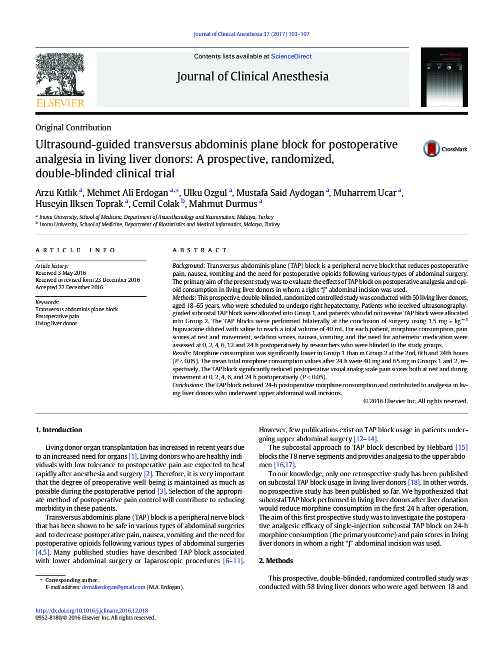 Ultrasound-guided transversus abdominis plane block for postoperative analgesia in living liver donors: A prospective, randomized, double-blinded clinical trial