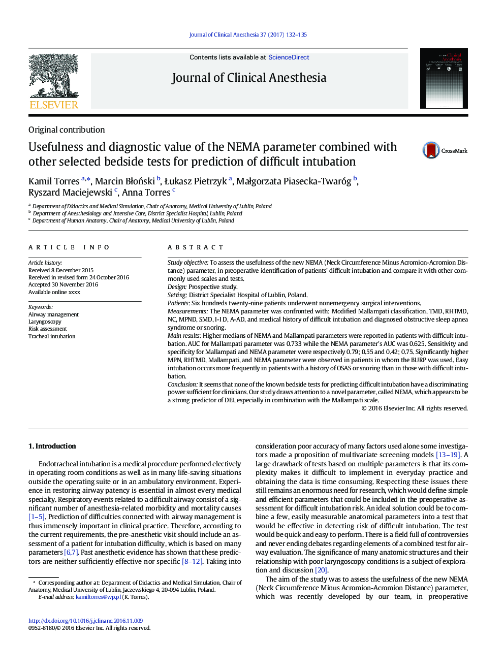 Usefulness and diagnostic value of the NEMA parameter combined with other selected bedside tests for prediction of difficult intubation