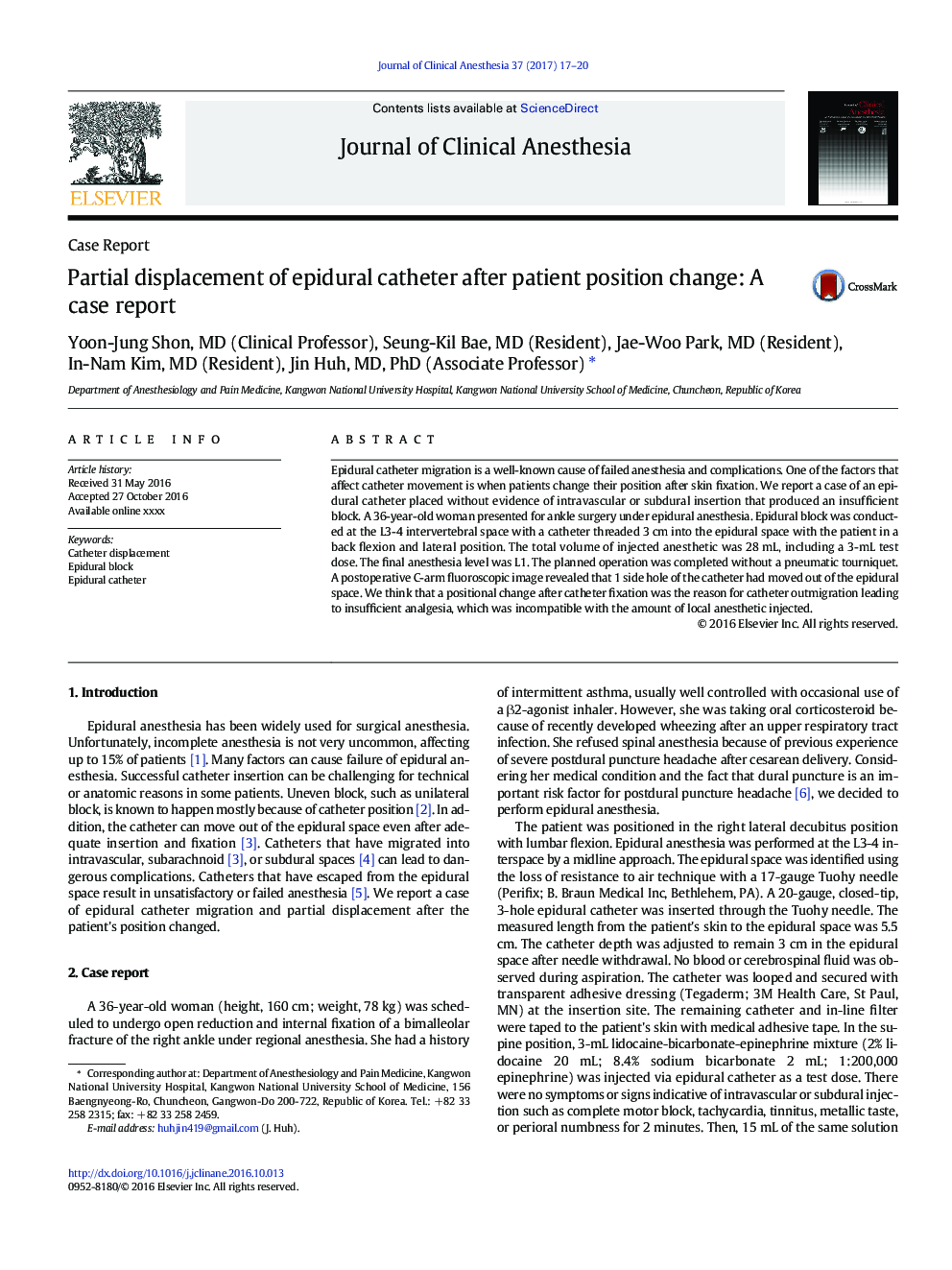 Partial displacement of epidural catheter after patient position change: A case report