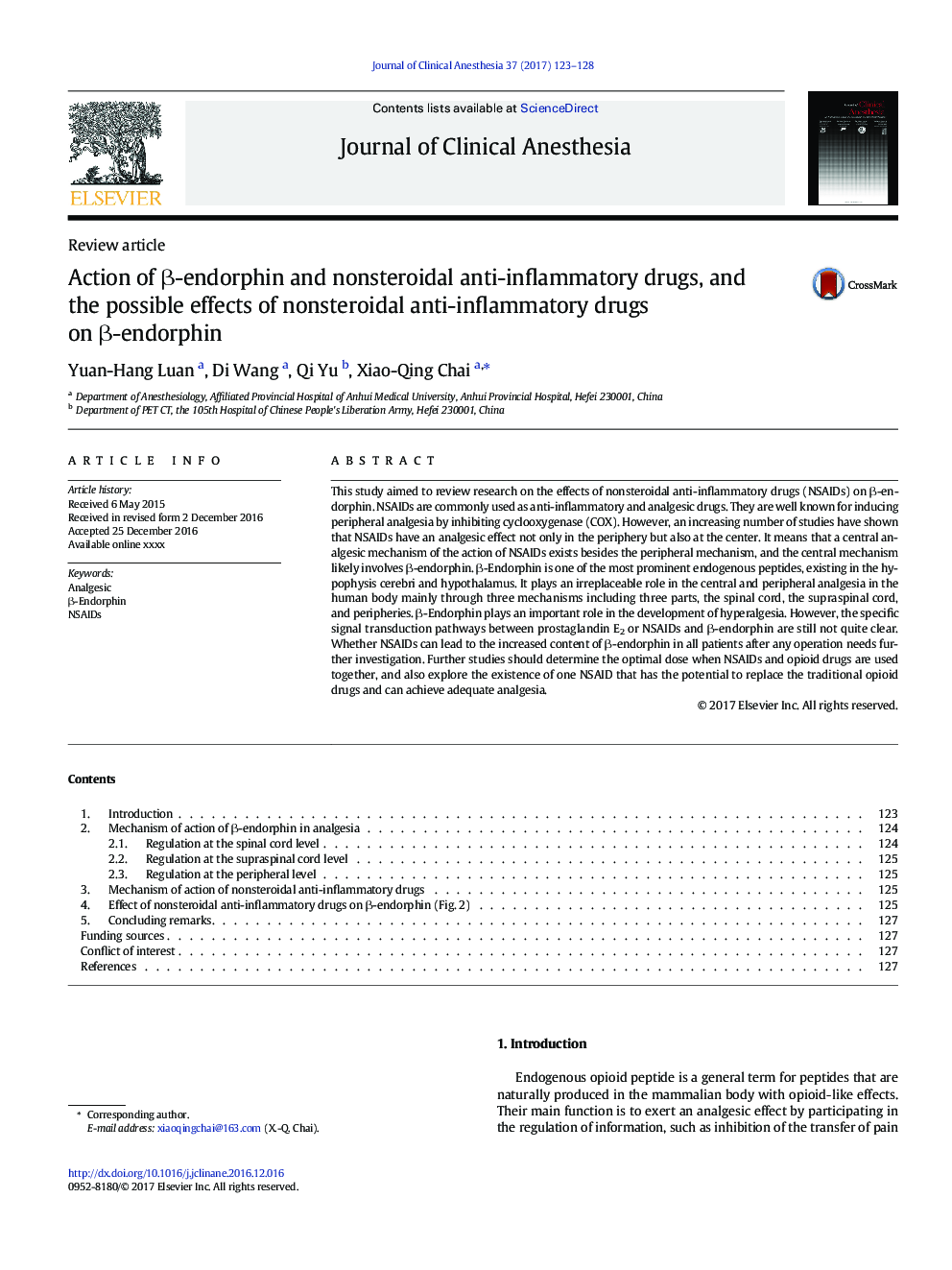 Action of Î²-endorphin and nonsteroidal anti-inflammatory drugs, and the possible effects of nonsteroidal anti-inflammatory drugs on Î²-endorphin