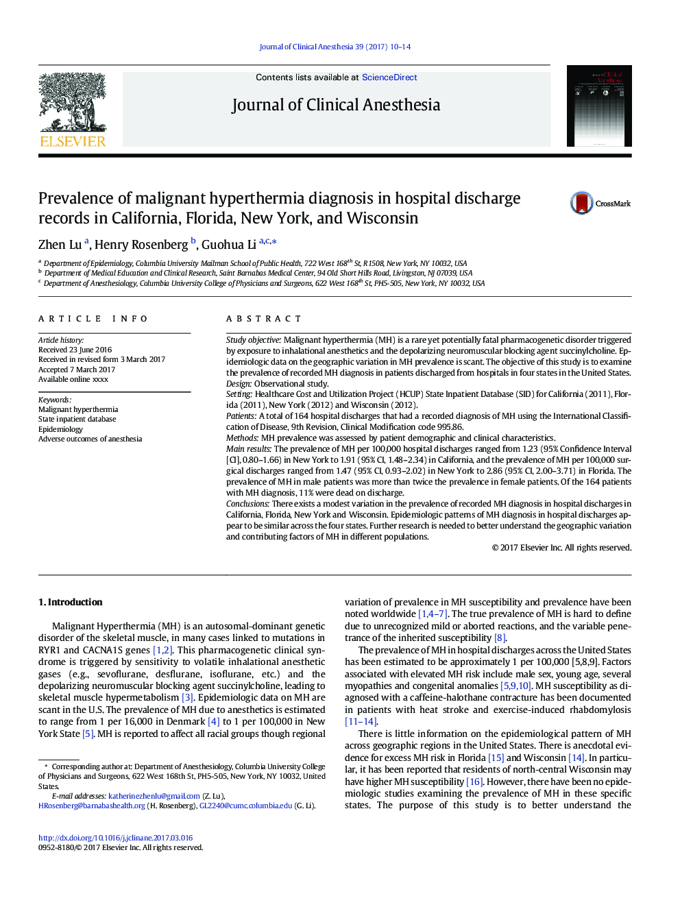 Prevalence of malignant hyperthermia diagnosis in hospital discharge records in California, Florida, New York, and Wisconsin