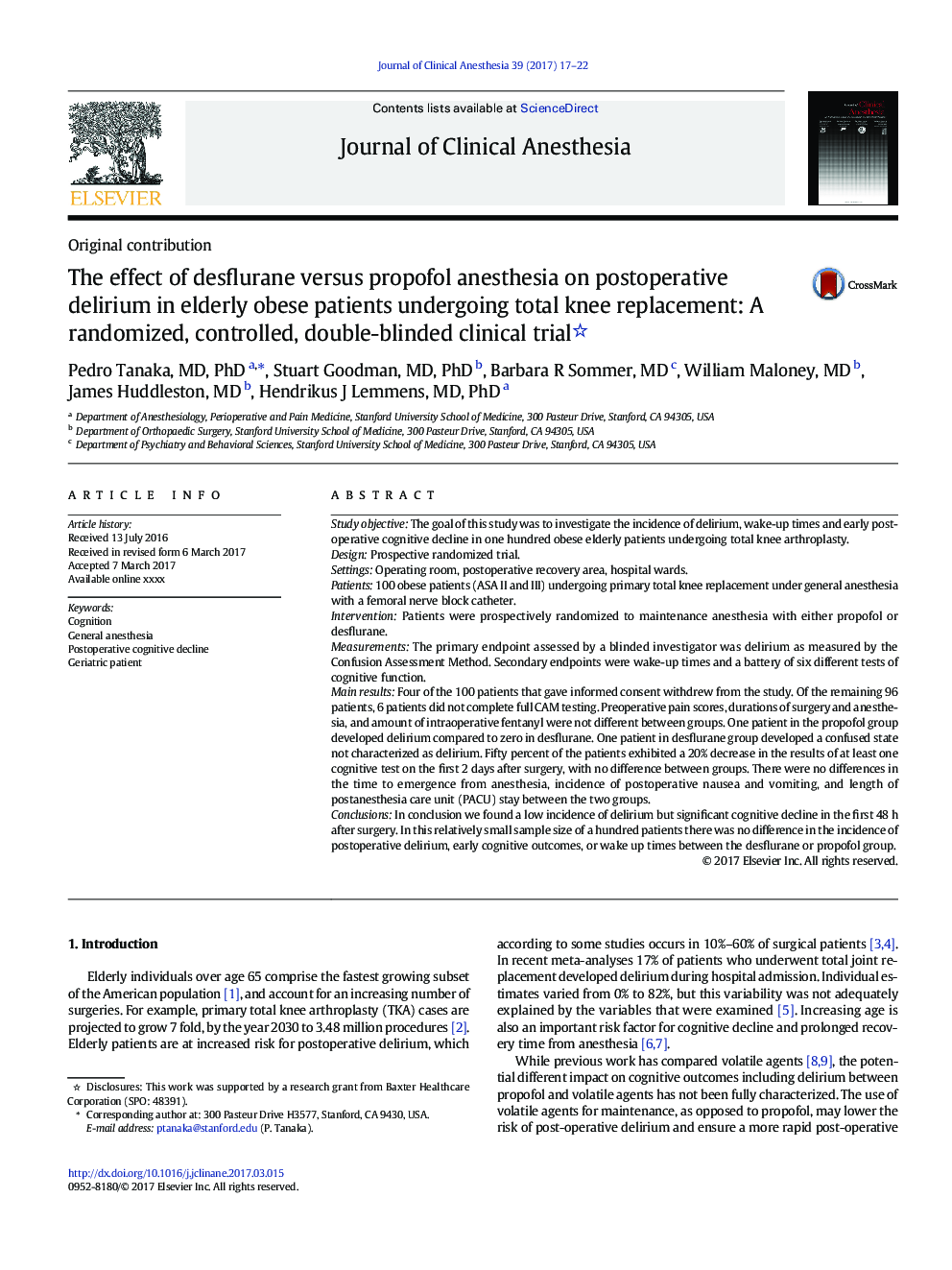 The effect of desflurane versus propofol anesthesia on postoperative delirium in elderly obese patients undergoing total knee replacement: A randomized, controlled, double-blinded clinical trial