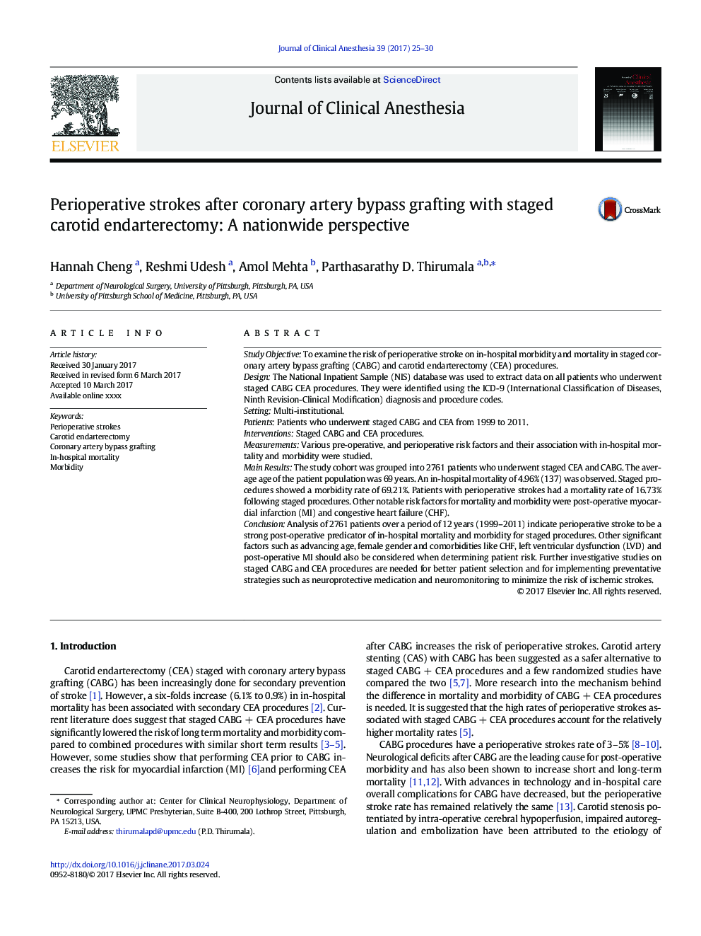 Perioperative strokes after coronary artery bypass grafting with staged carotid endarterectomy: A nationwide perspective