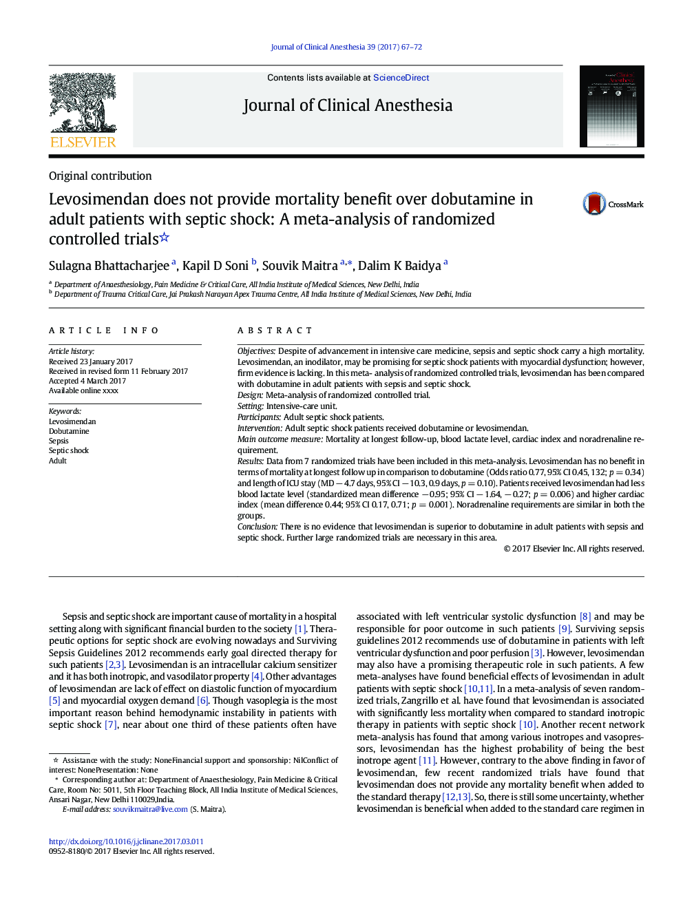 Levosimendan does not provide mortality benefit over dobutamine in adult patients with septic shock: A meta-analysis of randomized controlled trials