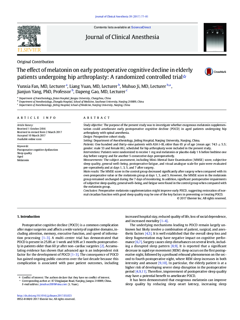 The effect of melatonin on early postoperative cognitive decline in elderly patients undergoing hip arthroplasty: A randomized controlled trial