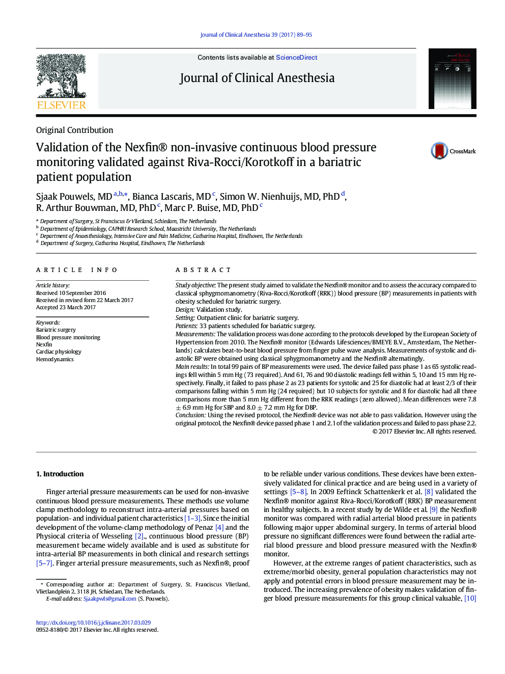 Validation of the Nexfin® non-invasive continuous blood pressure monitoring validated against Riva-Rocci/Korotkoff in a bariatric patient population