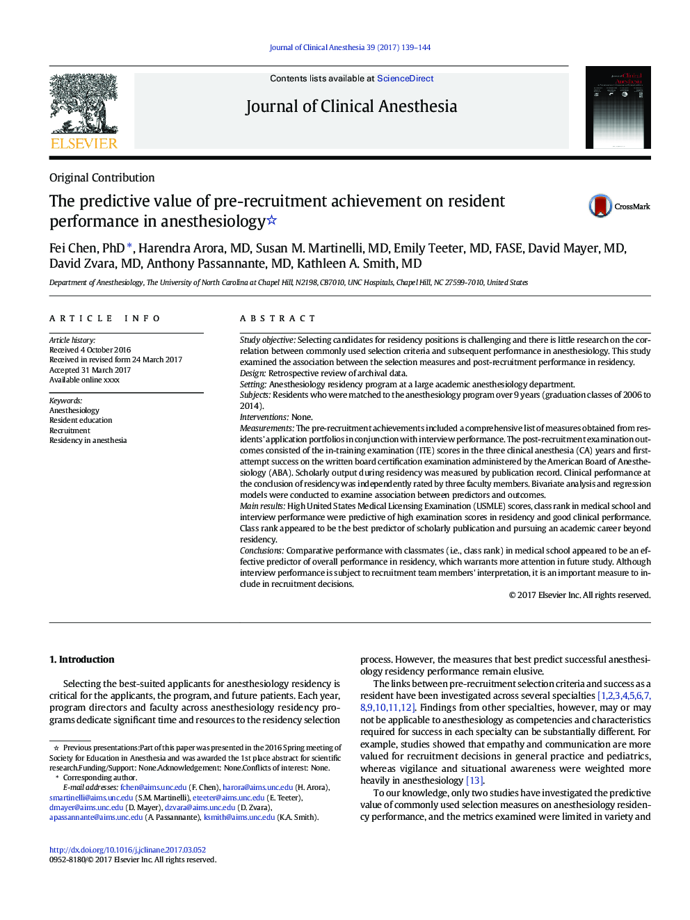 The predictive value of pre-recruitment achievement on resident performance in anesthesiology