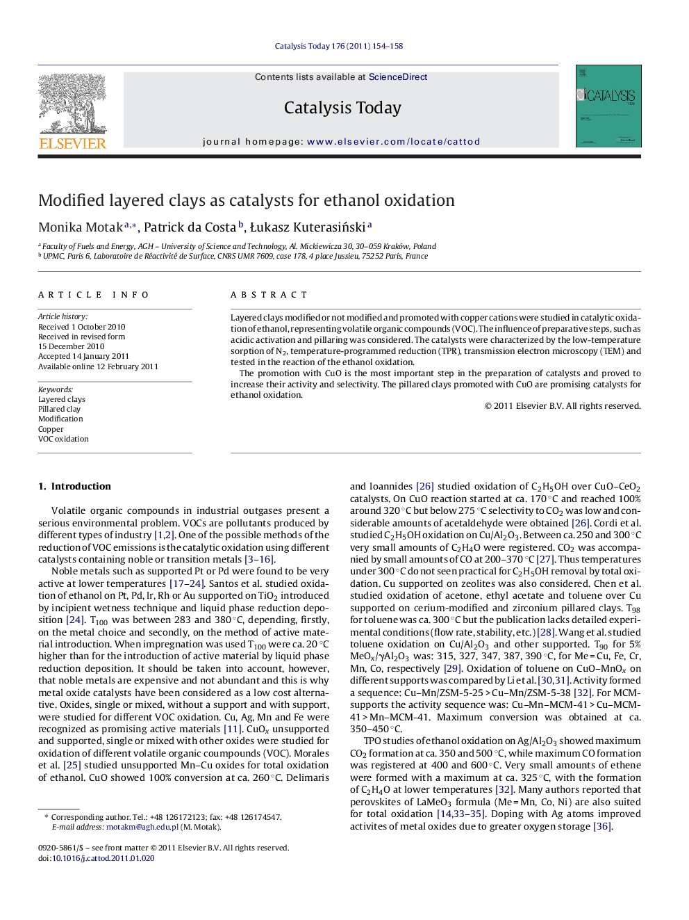 Modified layered clays as catalysts for ethanol oxidation