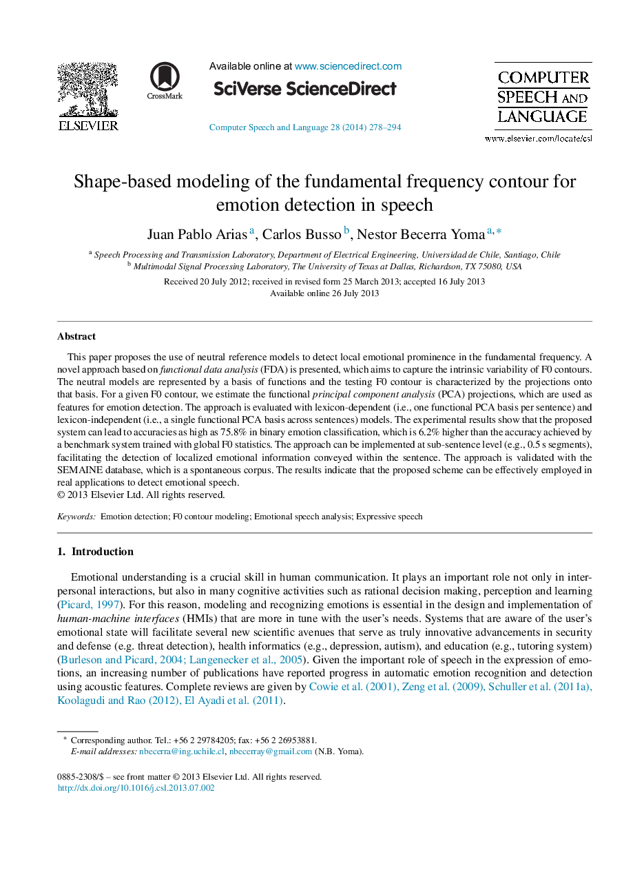 Shape-based modeling of the fundamental frequency contour for emotion detection in speech