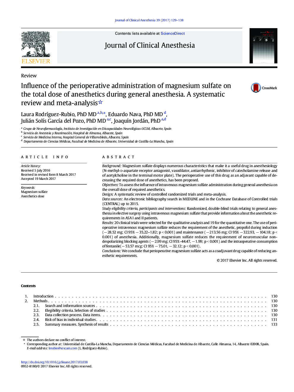 Influence of the perioperative administration of magnesium sulfate on the total dose of anesthetics during general anesthesia. A systematic review and meta-analysis