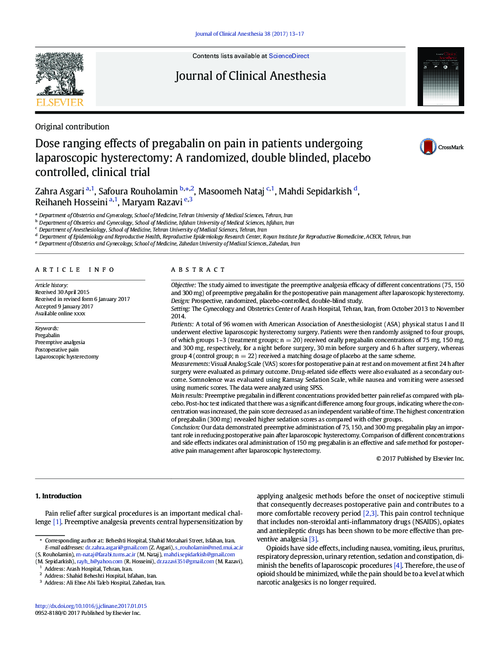Dose ranging effects of pregabalin on pain in patients undergoing laparoscopic hysterectomy: A randomized, double blinded, placebo controlled, clinical trial