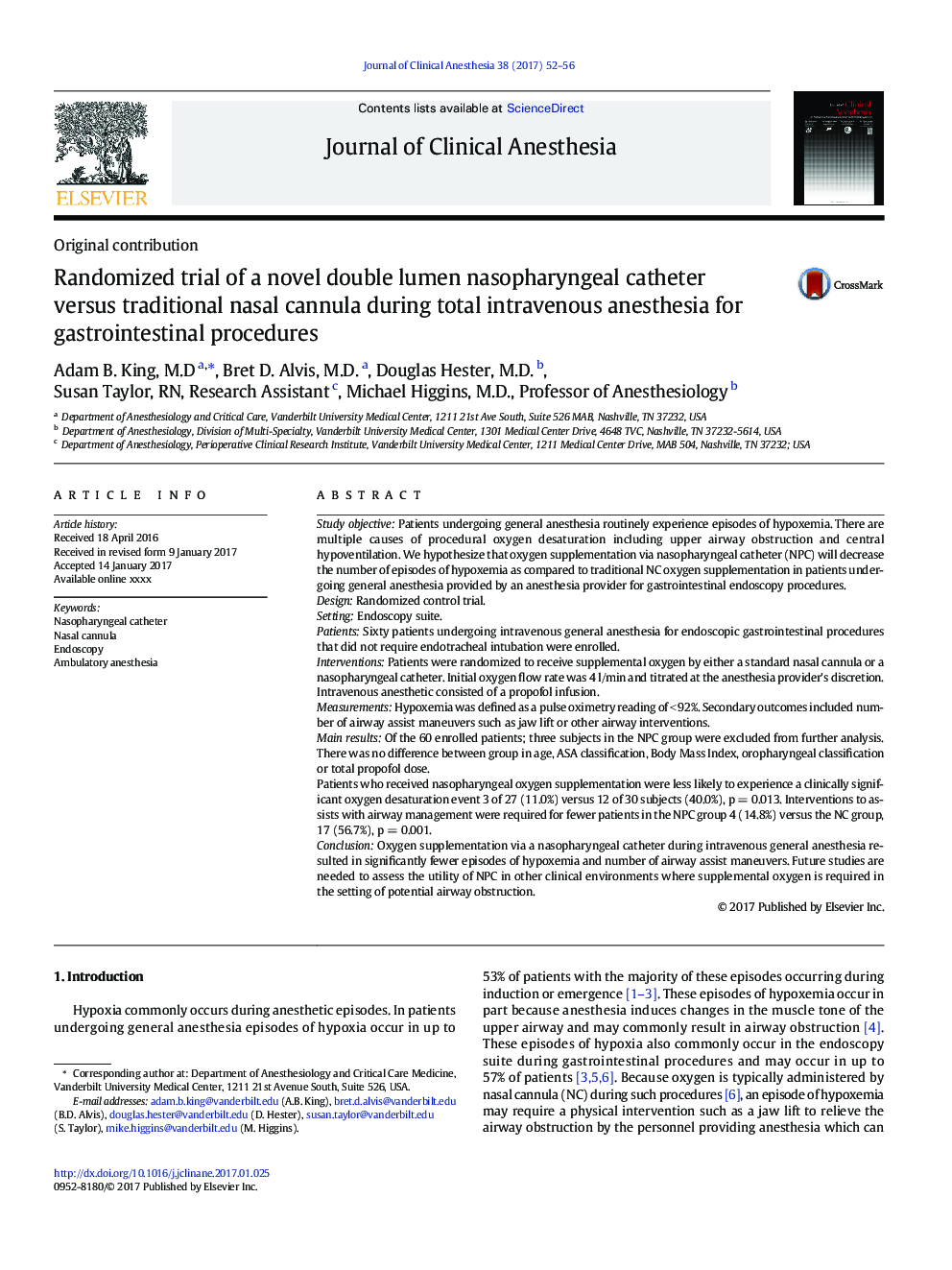 Randomized trial of a novel double lumen nasopharyngeal catheter versus traditional nasal cannula during total intravenous anesthesia for gastrointestinal procedures