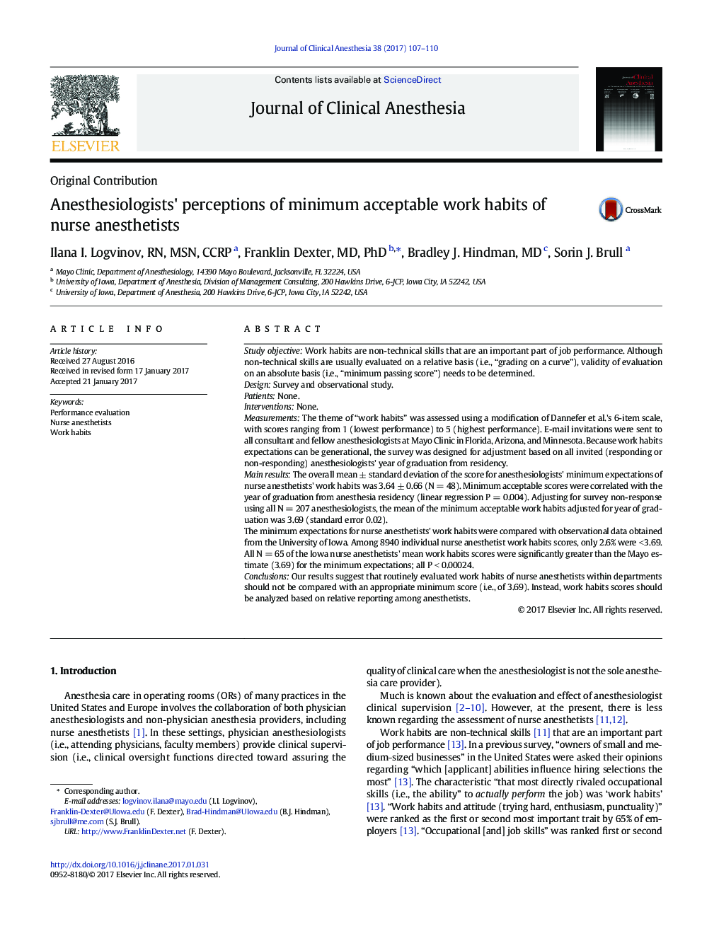 Anesthesiologists' perceptions of minimum acceptable work habits of nurse anesthetists