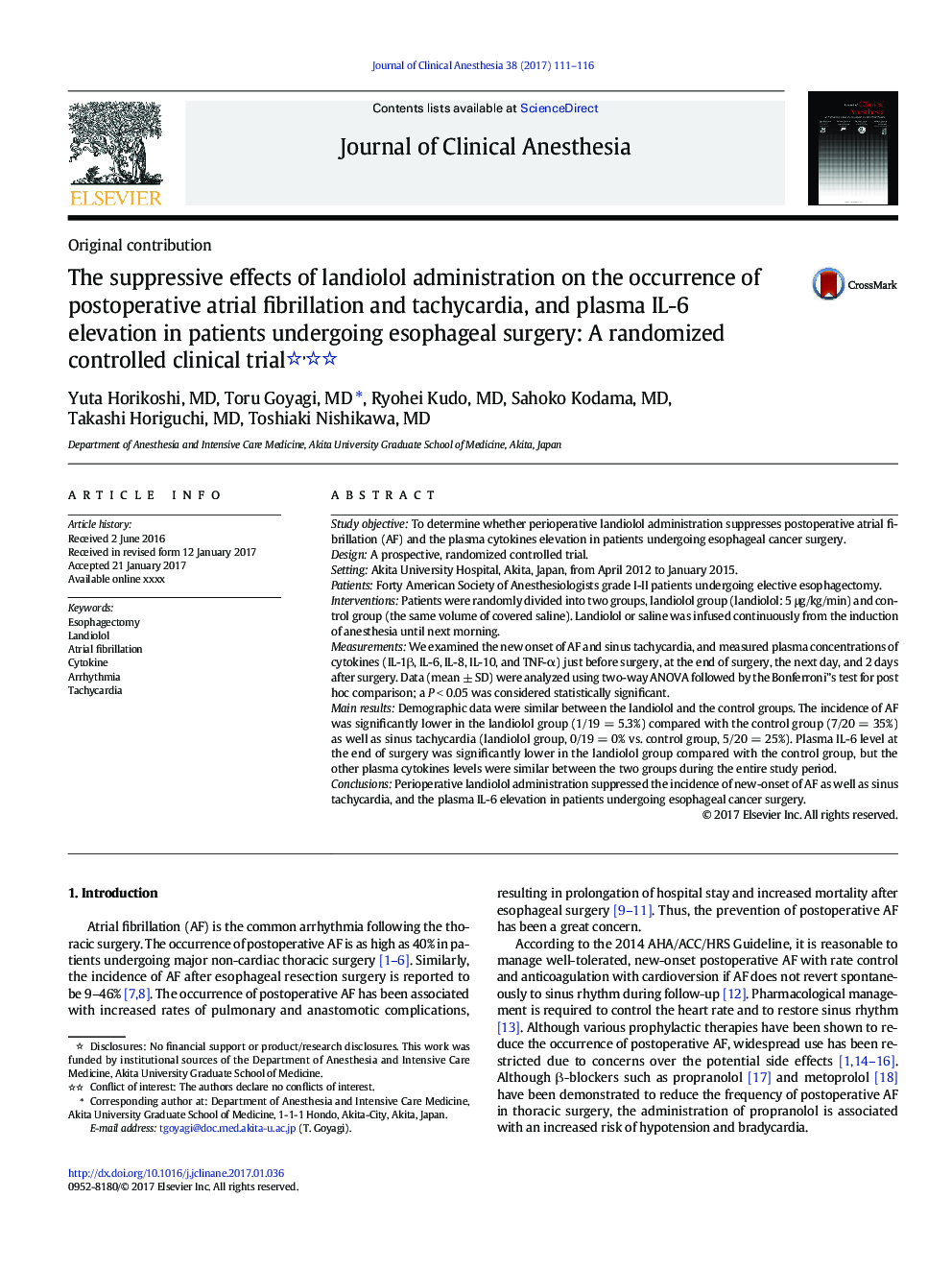 The suppressive effects of landiolol administration on the occurrence of postoperative atrial fibrillation and tachycardia, and plasma IL-6 elevation in patients undergoing esophageal surgery: A randomized controlled clinical trial
