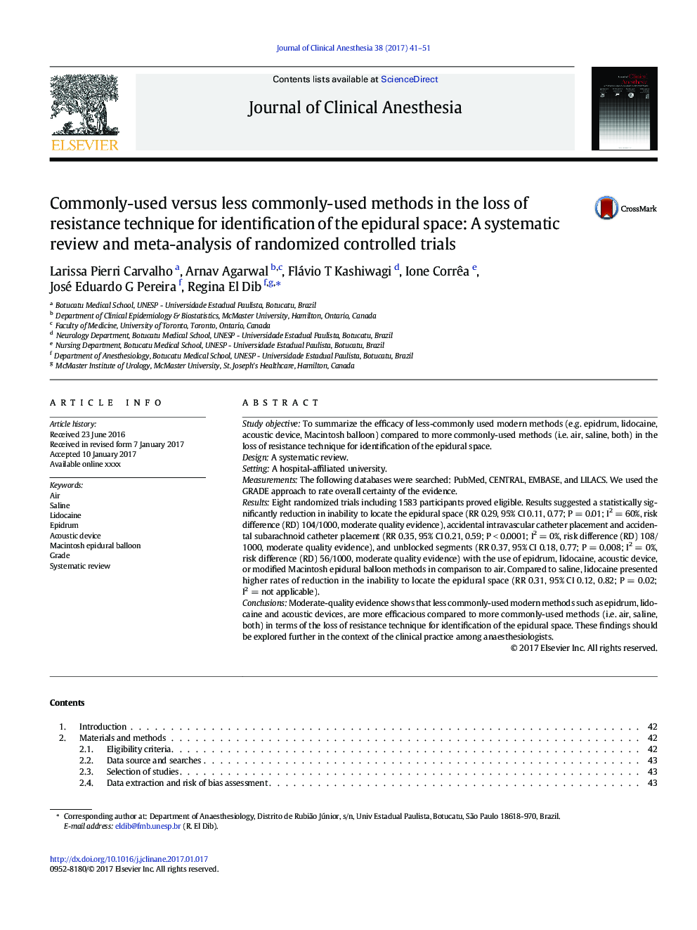 Commonly-used versus less commonly-used methods in the loss of resistance technique for identification of the epidural space: A systematic review and meta-analysis of randomized controlled trials