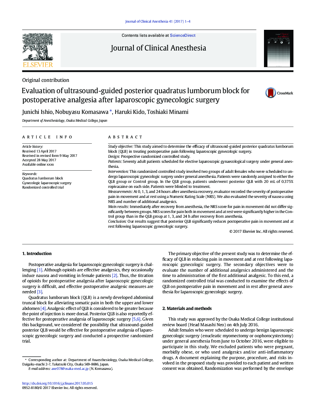 Evaluation of ultrasound-guided posterior quadratus lumborum block for postoperative analgesia after laparoscopic gynecologic surgery