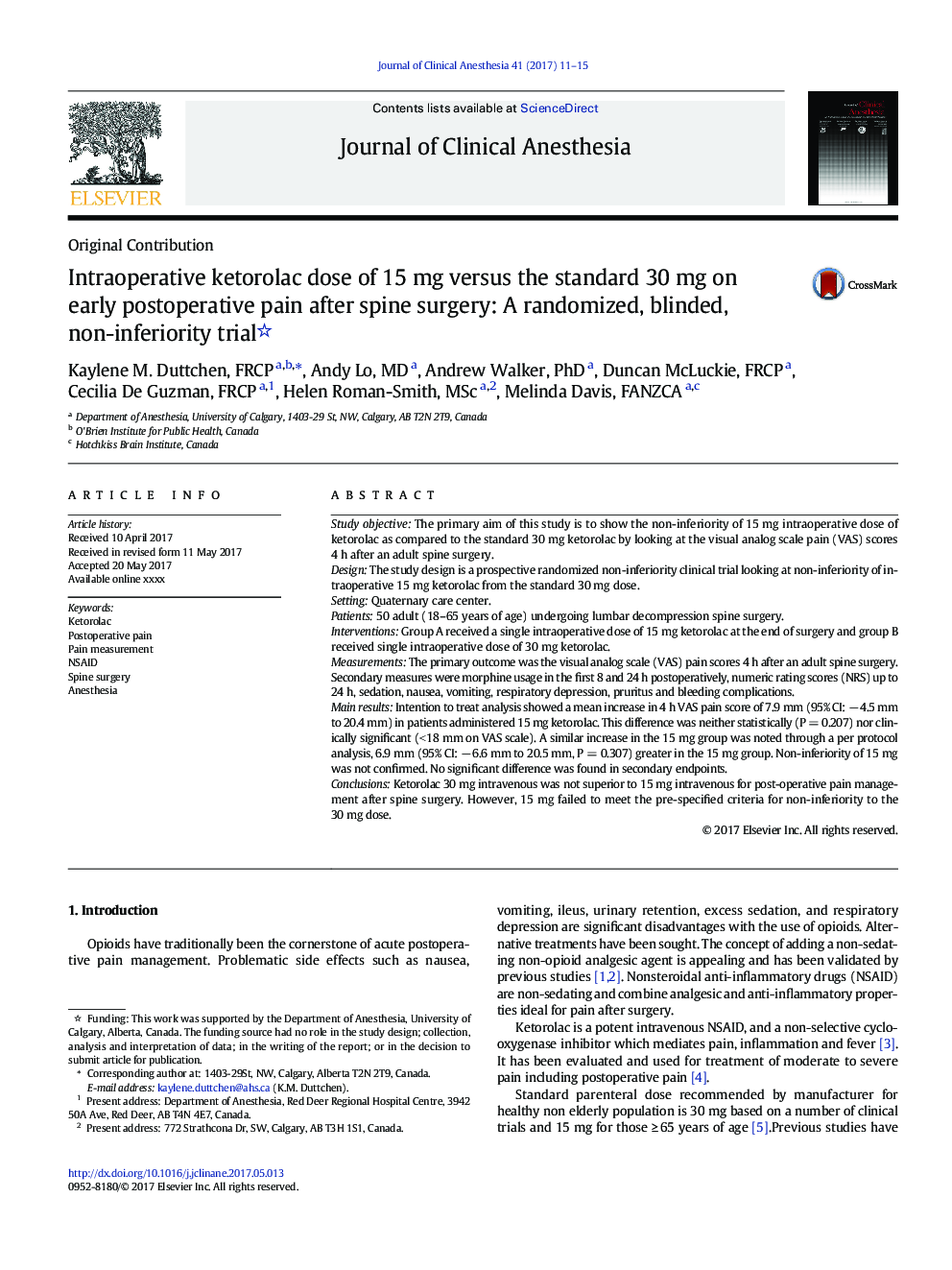 Intraoperative ketorolac dose of 15Â mg versus the standard 30Â mg on early postoperative pain after spine surgery: A randomized, blinded, non-inferiority trial