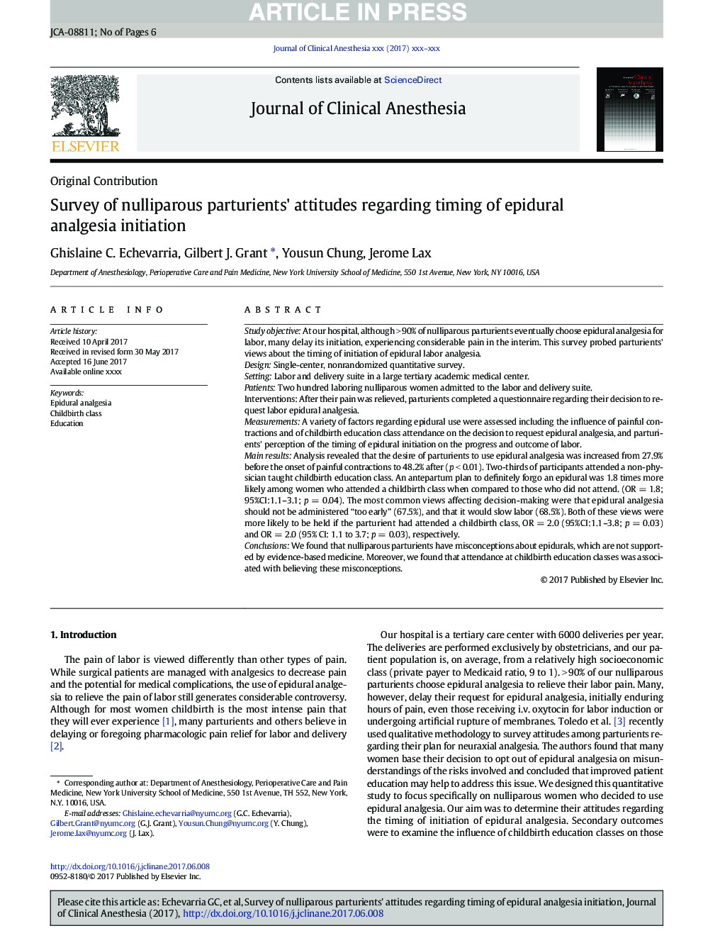 Survey of nulliparous parturients' attitudes regarding timing of epidural analgesia initiation