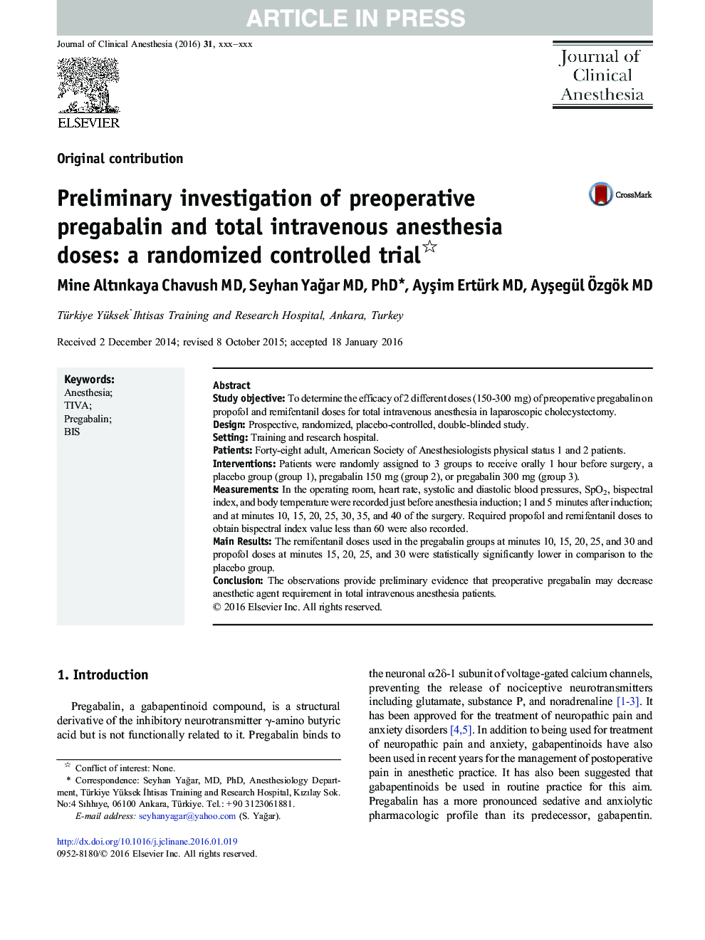 Preliminary investigation of preoperative pregabalin and total intravenous anesthesia doses: a randomized controlled trial