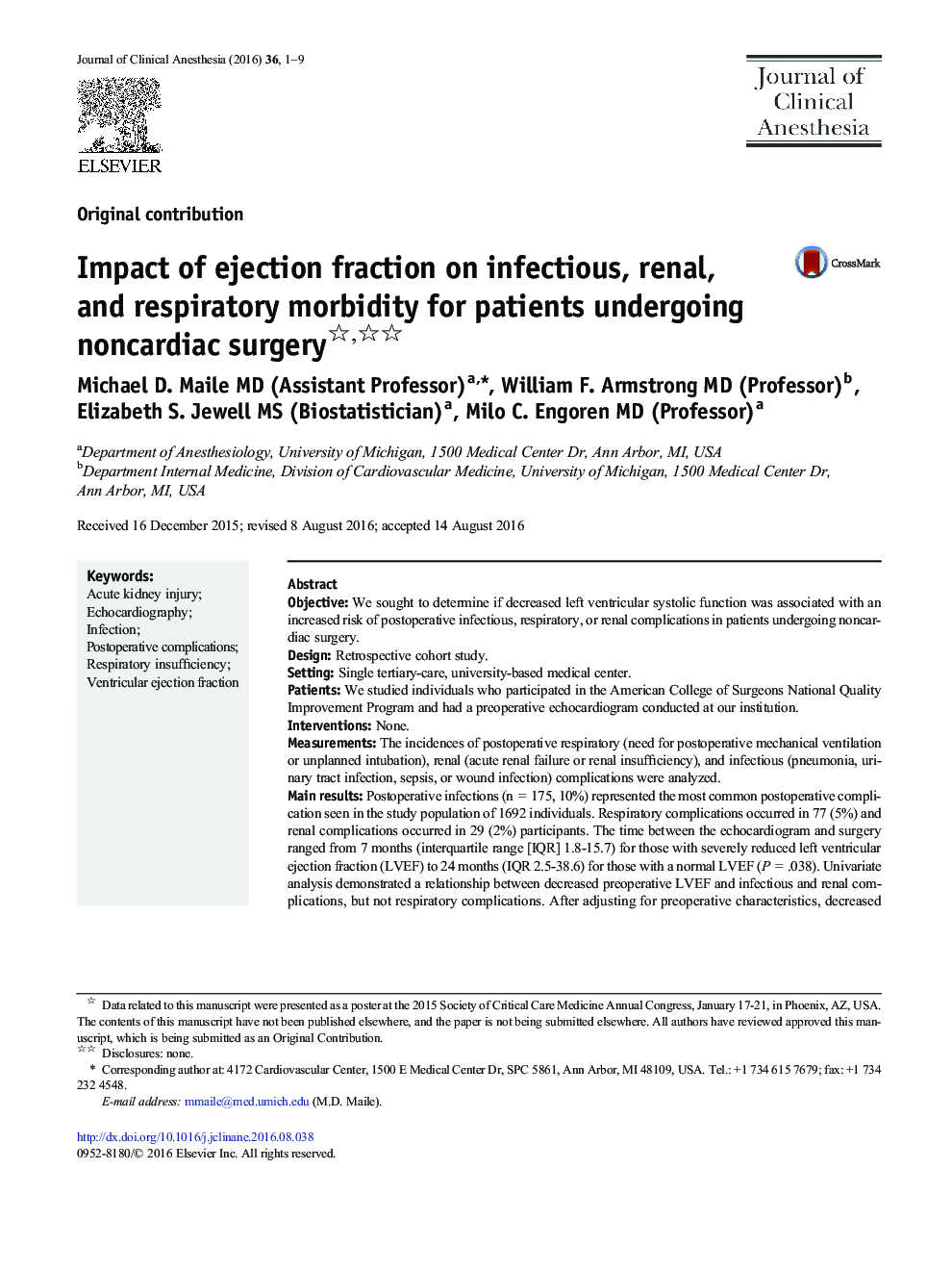Impact of ejection fraction on infectious, renal, and respiratory morbidity for patients undergoing noncardiac surgery