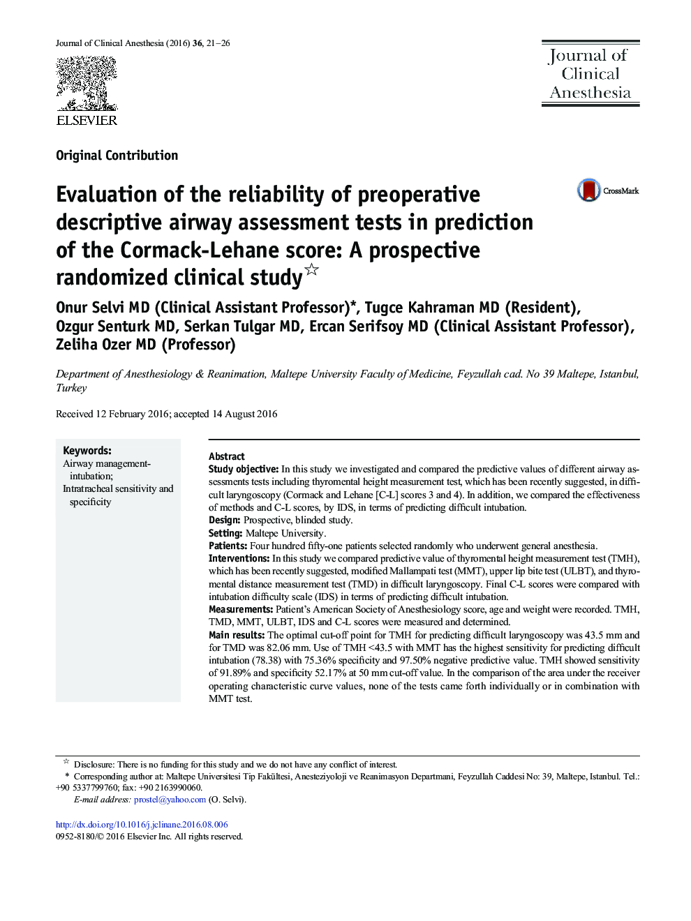 Evaluation of the reliability of preoperative descriptive airway assessment tests in prediction of the Cormack-Lehane score: A prospective randomized clinical study