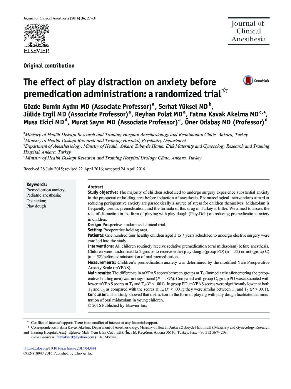 The effect of play distraction on anxiety before premedication administration: a randomized trial