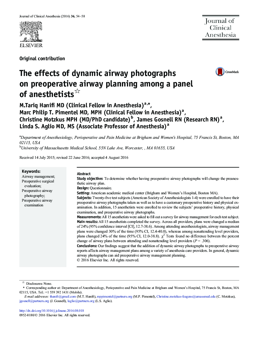 The effects of dynamic airway photographs on preoperative airway planning among a panel of anesthetists