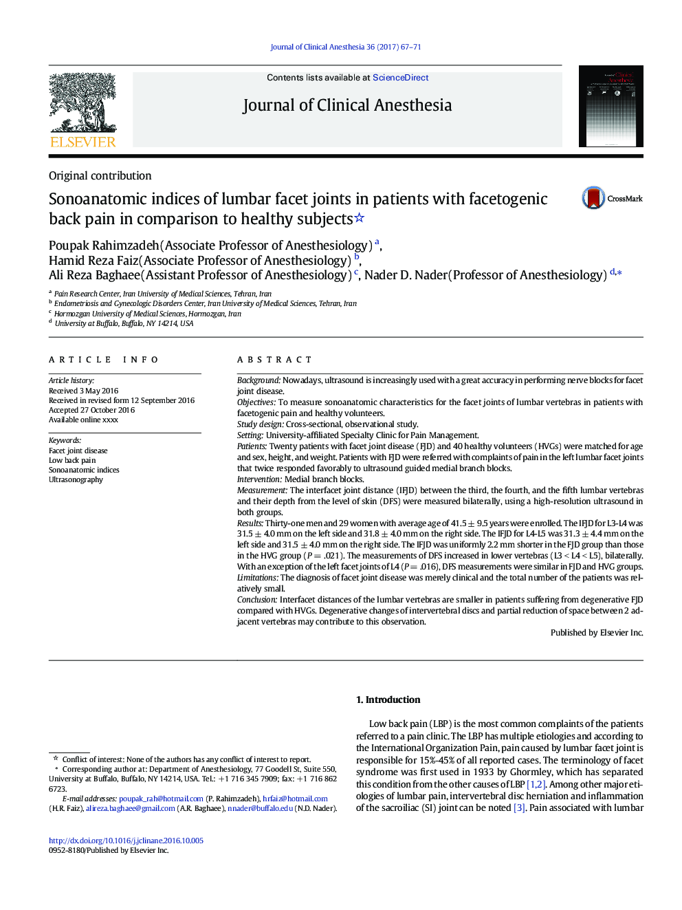 Sonoanatomic indices of lumbar facet joints in patients with facetogenic back pain in comparison to healthy subjects