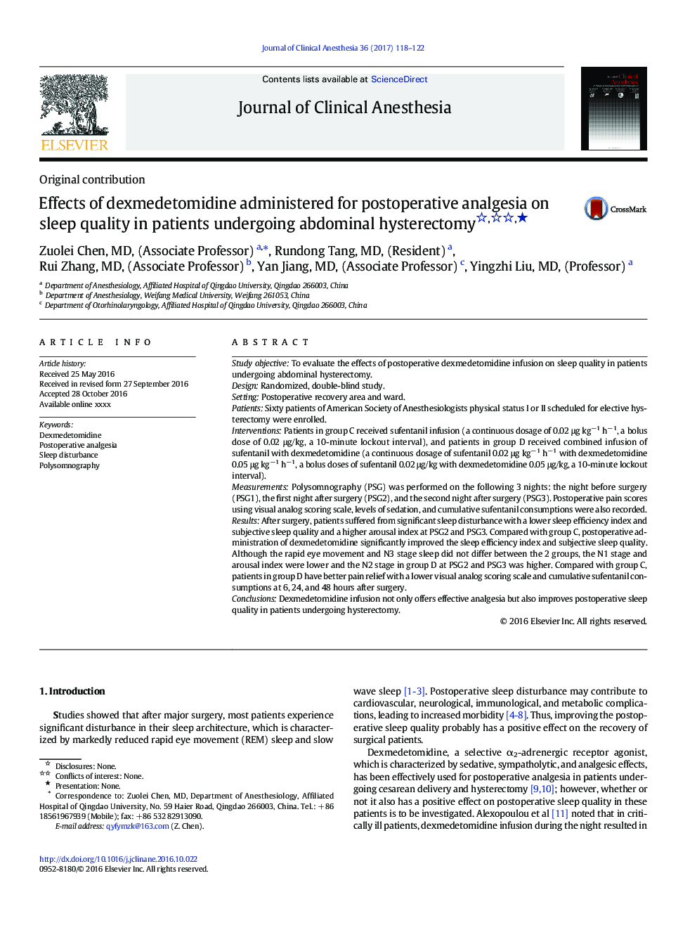Effects of dexmedetomidine administered for postoperative analgesia on sleep quality in patients undergoing abdominal hysterectomy