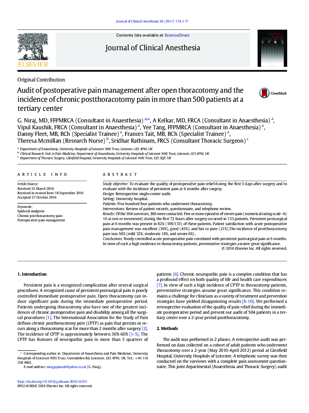 Audit of postoperative pain management after open thoracotomy and the incidence of chronic postthoracotomy pain in more than 500 patients at a tertiary center