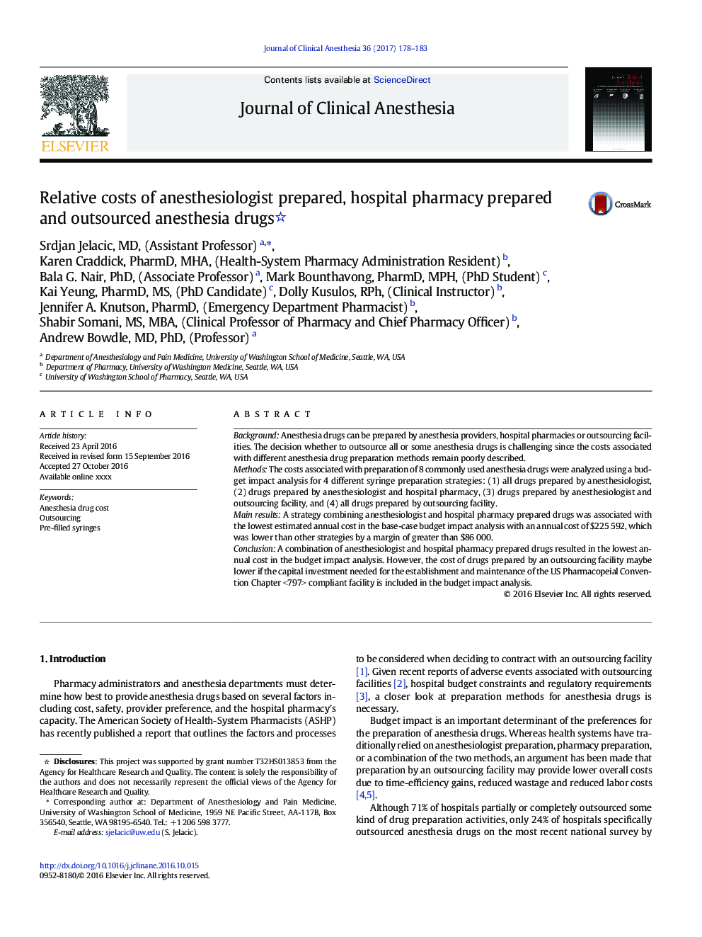 Relative costs of anesthesiologist prepared, hospital pharmacy prepared and outsourced anesthesia drugs