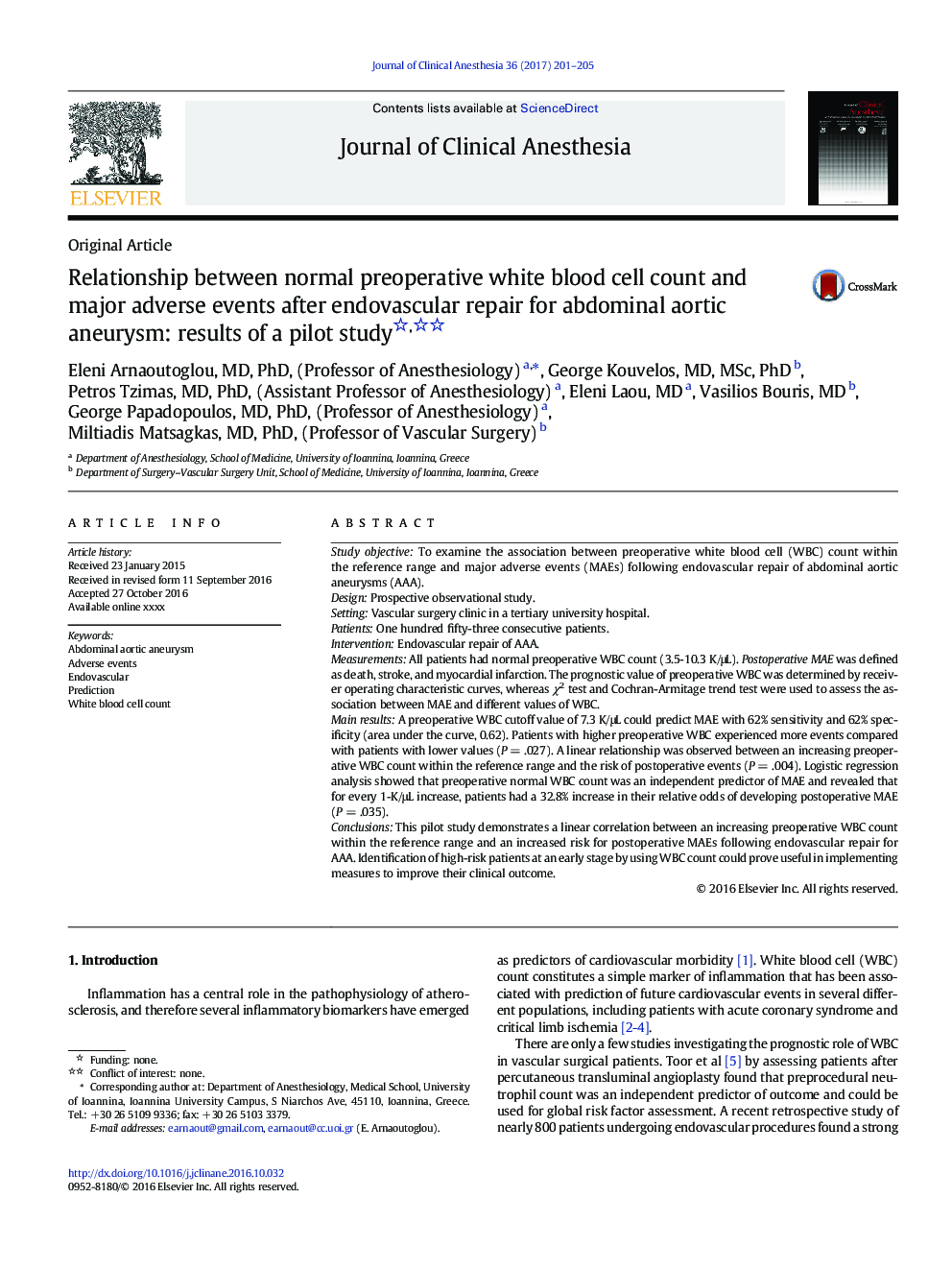 Relationship between normal preoperative white blood cell count and major adverse events after endovascular repair for abdominal aortic aneurysm: results of a pilot study