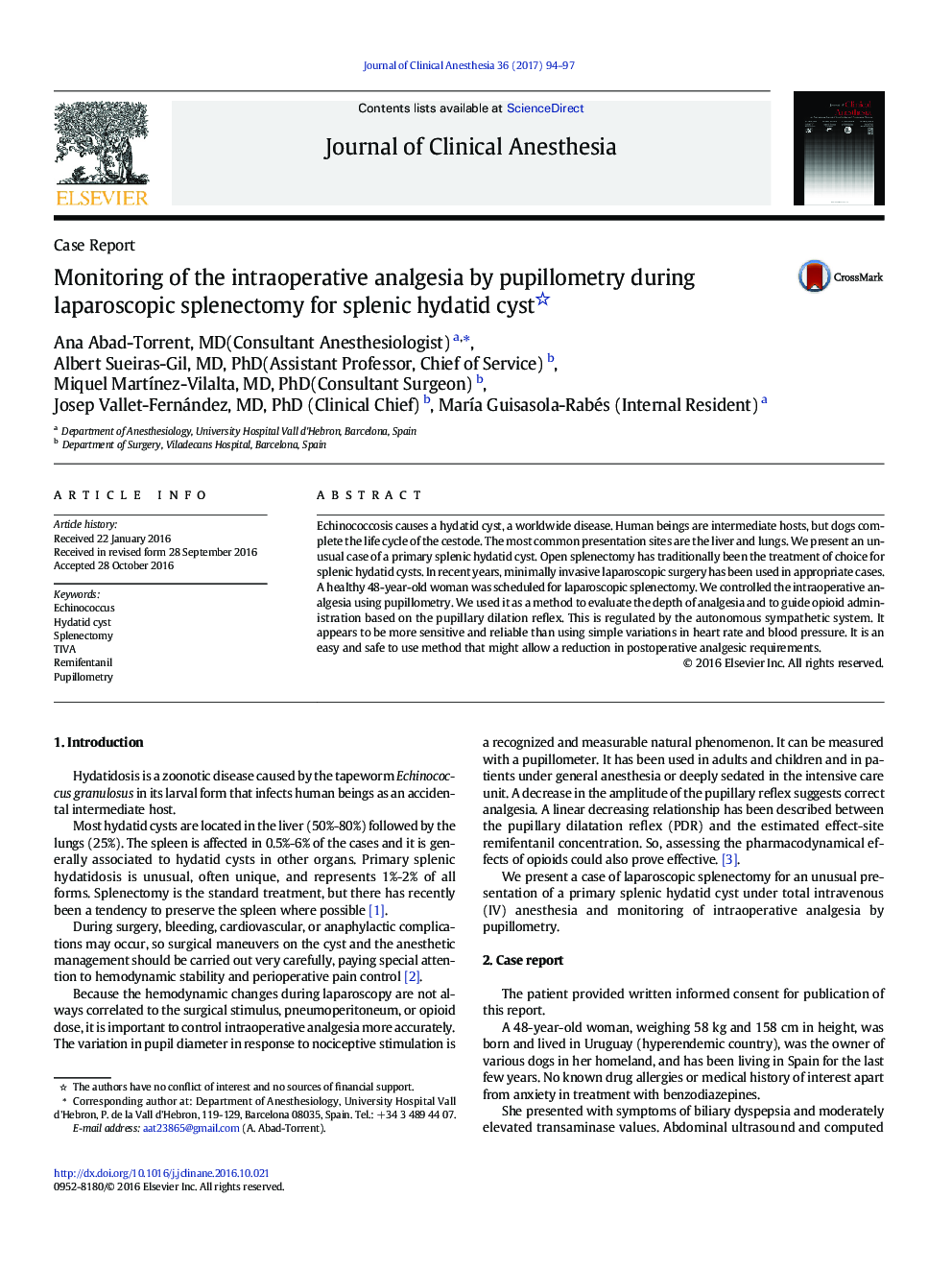Case ReportMonitoring of the intraoperative analgesia by pupillometry during laparoscopic splenectomy for splenic hydatid cyst